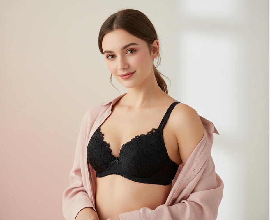 Double Stripped Single Padded Floral Design Bra & Panty Set